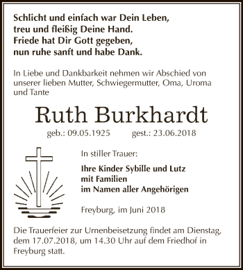 Traueranzeige von Ruth Burkhardt von WVG - Wochenspiegel NMB / WSF / ZTZ