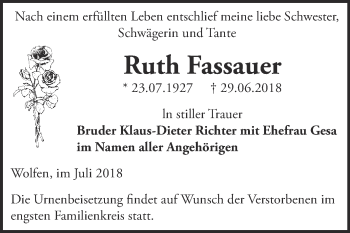 Traueranzeige von Ruth Fassauer von WVG - Wochenspiegel Bitterfeld