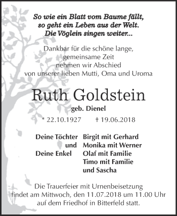 Traueranzeige von Ruth Goldstein von WVG - Wochenspiegel Bitterfeld