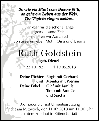 Traueranzeige von Ruth Goldstein von Mitteldeutsche Zeitung Bitterfeld