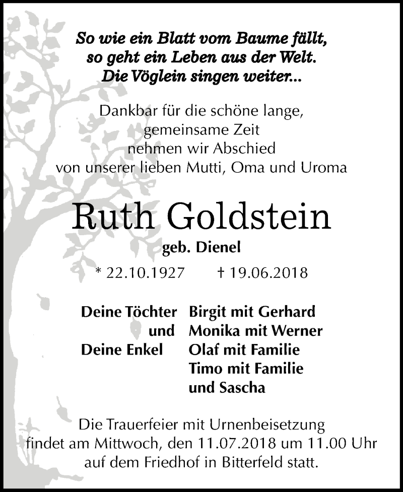  Traueranzeige für Ruth Goldstein vom 07.07.2018 aus Mitteldeutsche Zeitung Bitterfeld