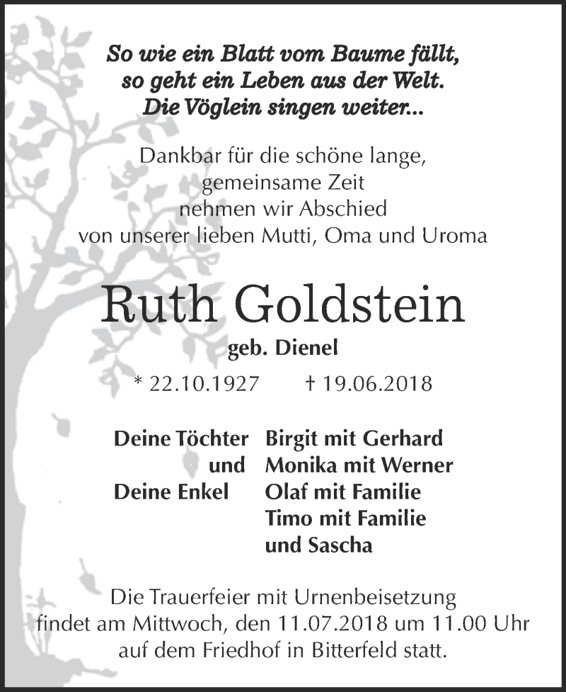  Traueranzeige für Ruth Goldstein vom 04.07.2018 aus WVG - Wochenspiegel Bitterfeld