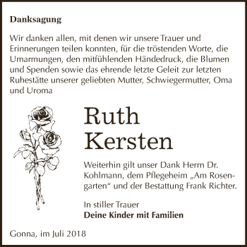 Traueranzeige von Ruth Kersten von Super Sonntag SGH Mansf. Land