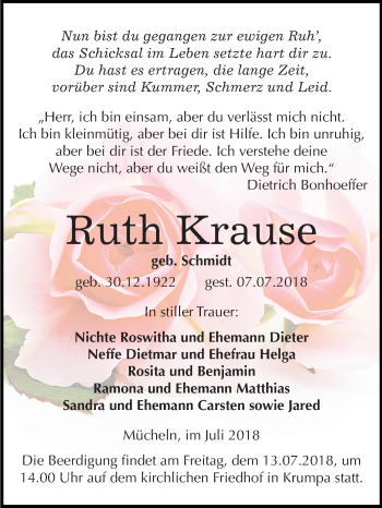 Traueranzeige von Ruth Krause von Mitteldeutsche Zeitung Merseburg/Querfurt