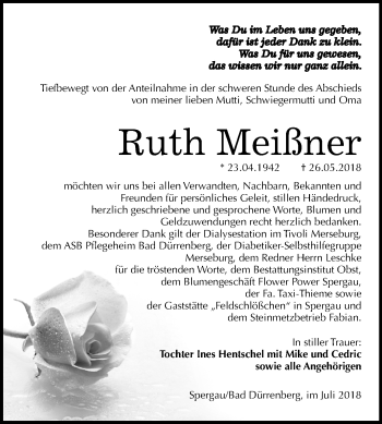 Traueranzeige von Ruth Meißner von Mitteldeutsche Zeitung Merseburg/Querfurt