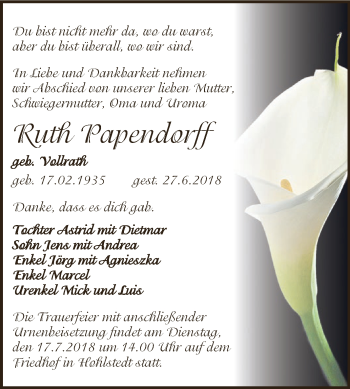 Traueranzeige von Ruth Papendorff von Super Sonntag SGH Mansf. Land