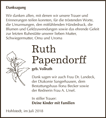 Traueranzeige von Ruth Papendorff von Super Sonntag SGH Mansf. Land