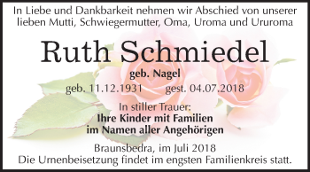 Traueranzeige von Ruth Schmiedel von Mitteldeutsche Zeitung Merseburg/Querfurt