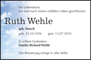 Traueranzeige von Ruth Wehle von Mitteldeutsche Zeitung