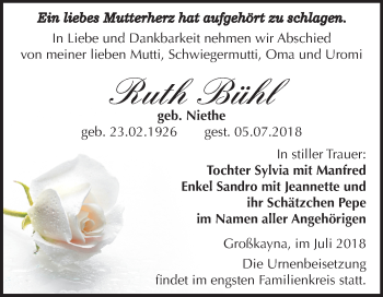 Traueranzeige von Ruth bühl von Mitteldeutsche Zeitung Merseburg/Querfurt