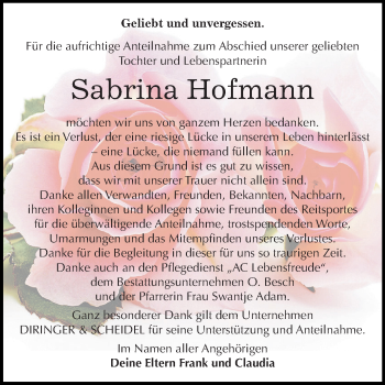 Traueranzeige von Sabrina Hofmann von Mitteldeutsche Zeitung Dessau-Roßlau