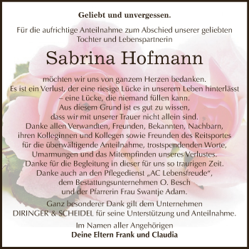 Traueranzeige von Sabrina Hofmann von WVG - Wochenspiegel Dessau / Köthen