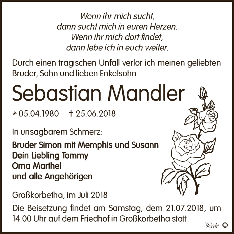  Traueranzeige für Sebastian Mandler vom 11.07.2018 aus WVG - Wochenspiegel NMB / WSF / ZTZ