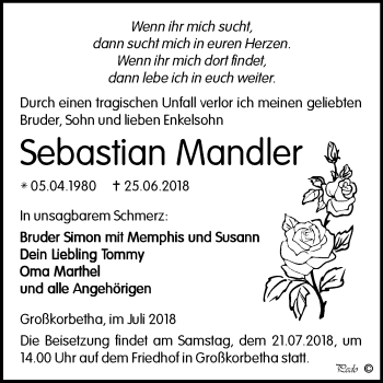 Traueranzeige von Sebastian Mandler von Mitteldeutsche Zeitung Weißenfels