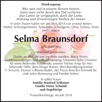 Traueranzeige von Selma Braunsdorf von Mitteldeutsche Zeitung