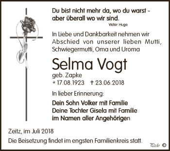 Traueranzeige von Selma Vogt von Super Sonntag Zeitz