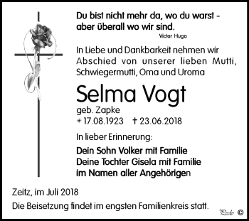 Traueranzeige von Selma Vogt von Mitteldeutsche Zeitung Zeitz