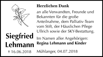 Traueranzeige von Siegfried Lehmann von Mitteldeutsche Zeitung