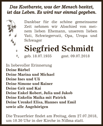 Traueranzeige von Siegfried Schmidt von Super Sonntag Zeitz