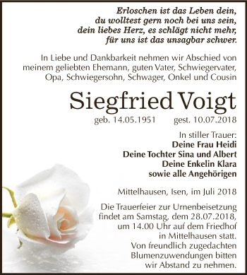 Traueranzeige von Siegfried Voigt von Super Sonntag SGH Mansf. Land