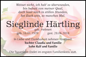 Traueranzeige von Sieglinde Härtling von Mitteldeutsche Zeitung Halle/Saalkreis