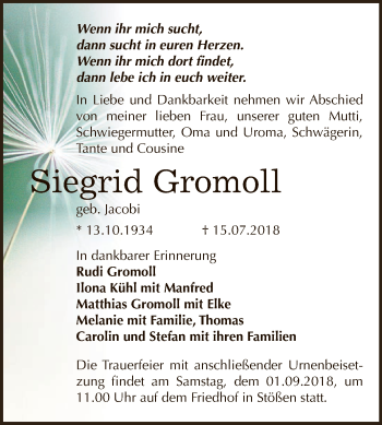 Traueranzeige von Siegrid Gromoll von WVG - Wochenspiegel NMB / WSF / ZTZ