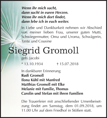 Traueranzeige von Siegrid Gromoll von Mitteldeutsche Zeitung Weißenfels