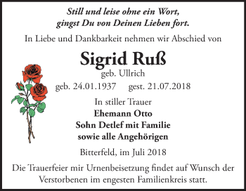 Traueranzeige von Sigrid Ruß von Mitteldeutsche Zeitung Bitterfeld