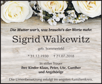Traueranzeige von Sigrid Walkewitz von Mitteldeutsche Zeitung Bernburg