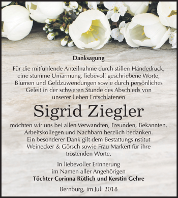 Traueranzeige von Sigrid Ziegler von Mitteldeutsche Zeitung Bernburg