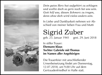 Traueranzeige von Sigrid Zuber von Mitteldeutsche Zeitung Halle/Saalkreis