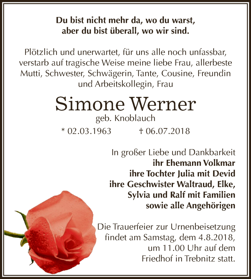  Traueranzeige für Simone Werner vom 18.07.2018 aus WVG - Wochenspiegel NMB / WSF / ZTZ