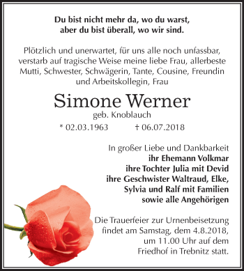 Traueranzeige von Simone Werner von Mitteldeutsche Zeitung Weißenfels
