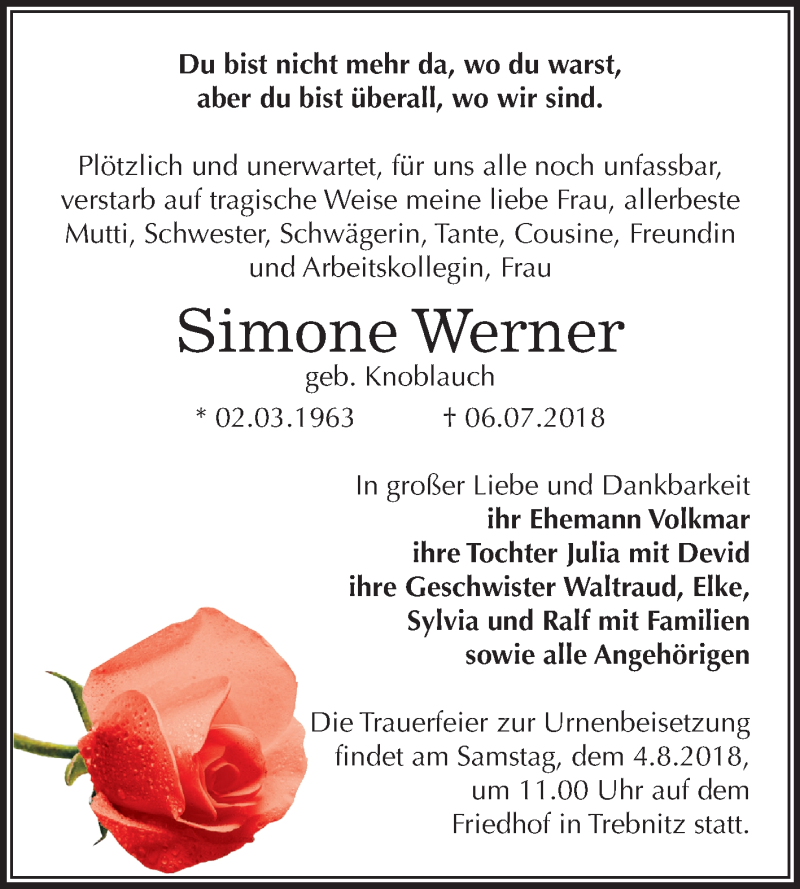  Traueranzeige für Simone Werner vom 21.07.2018 aus Mitteldeutsche Zeitung Weißenfels