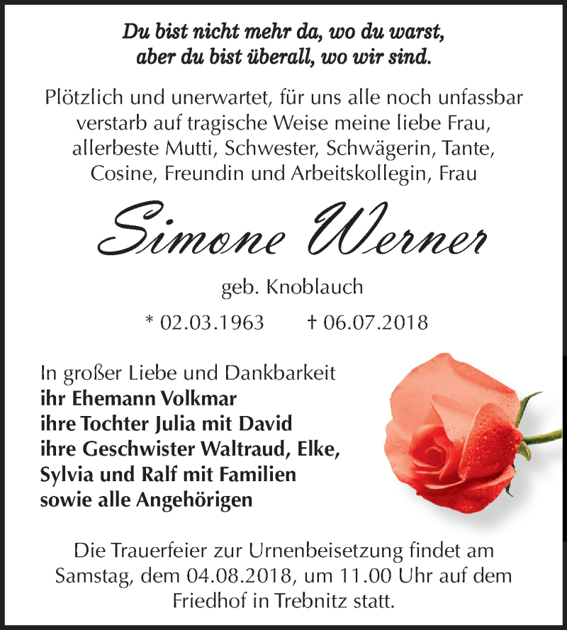  Traueranzeige für Simone Werner vom 21.07.2018 aus Mitteldeutsche Zeitung Zeitz