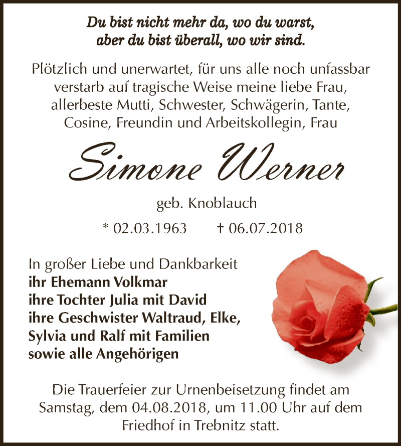  Traueranzeige für Simone Werner vom 21.07.2018 aus Super Sonntag Zeitz