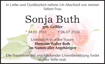 Traueranzeige von Sonja Buth von Mitteldeutsche Zeitung Halle/Saalkreis