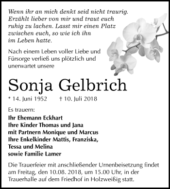 Traueranzeige von Sonja Gelbrich von Mitteldeutsche Zeitung Bitterfeld