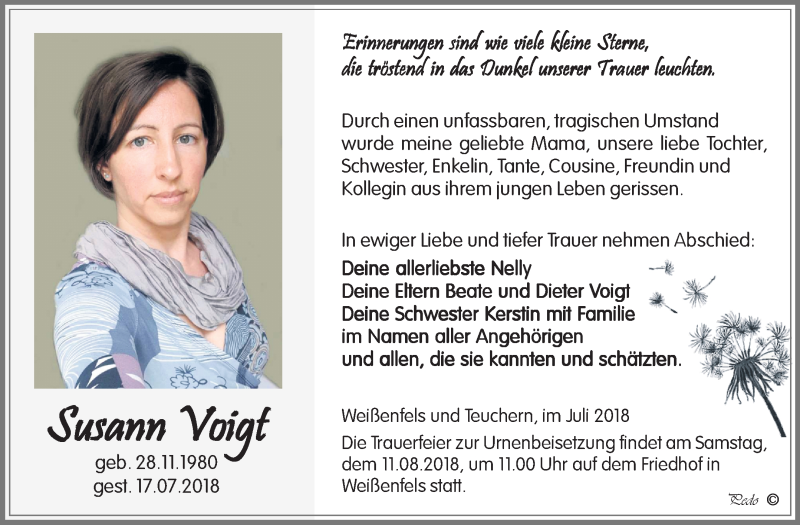  Traueranzeige für Susann Voigt vom 28.07.2018 aus Mitteldeutsche Zeitung Weißenfels
