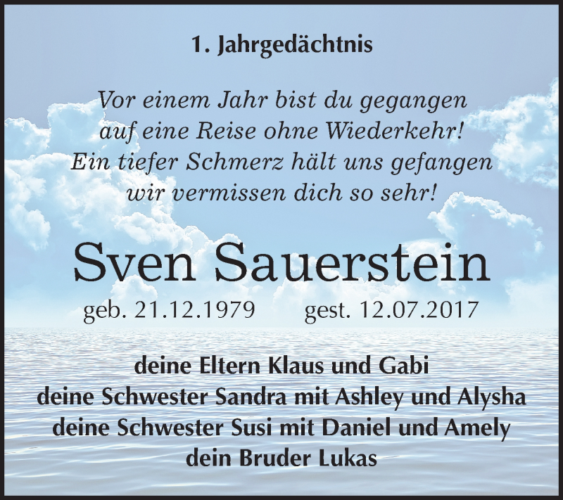  Traueranzeige für Sven Sauerstein vom 12.07.2018 aus Mitteldeutsche Zeitung Weißenfels