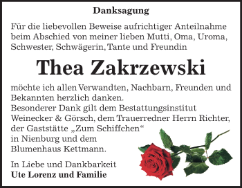 Traueranzeige von Thea Zakrzewski von Mitteldeutsche Zeitung Bernburg