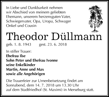 Traueranzeige von Theodor Düllmann von Mitteldeutsche Zeitung Merseburg/Querfurt