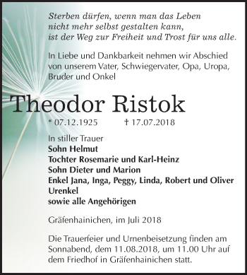 Traueranzeige von Theodor Ristok von Mitteldeutsche Zeitung