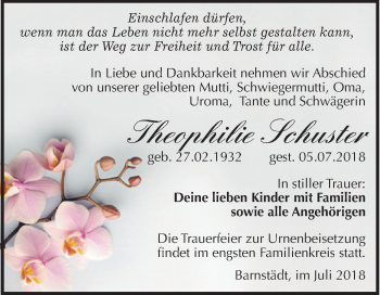 Traueranzeige von Theophilie Schuster von Mitteldeutsche Zeitung Merseburg/Querfurt