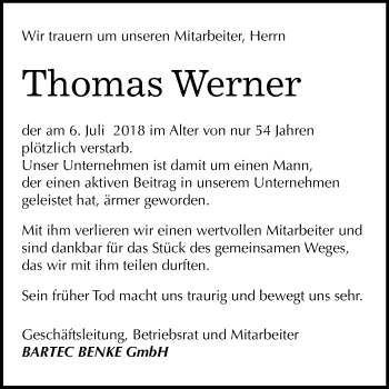 Traueranzeige von Thomas Werner von Mitteldeutsche Zeitung Weißenfels