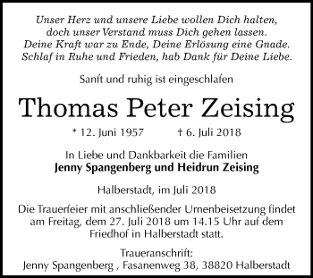 Traueranzeige von Thomas Peter Zeising von Mitteldeutsche Zeitung Sangerhausen