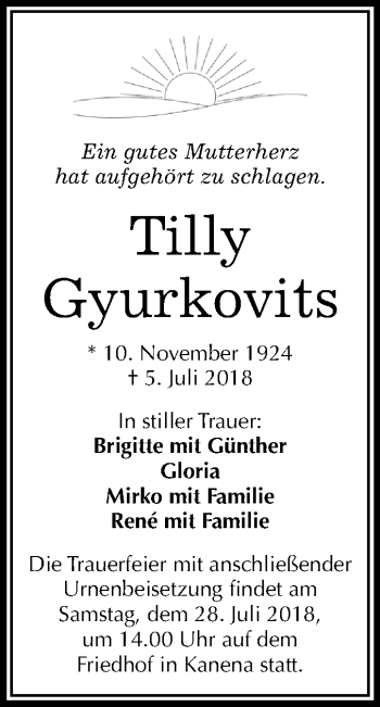 Traueranzeige von Tilly Gyurkovits von Mitteldeutsche Zeitung Halle/Saalkreis