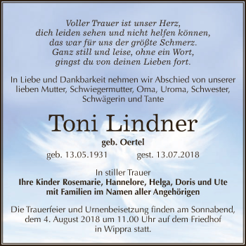 Traueranzeige von Toni Lindner von Super Sonntag SGH Mansf. Land