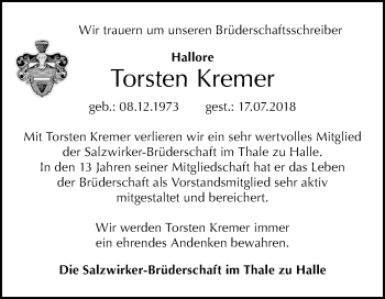 Traueranzeige von Torsten Kremer von Mitteldeutsche Zeitung Halle/Saalkreis