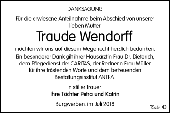 Traueranzeige von Traude Wendorff von Mitteldeutsche Zeitung Weißenfels